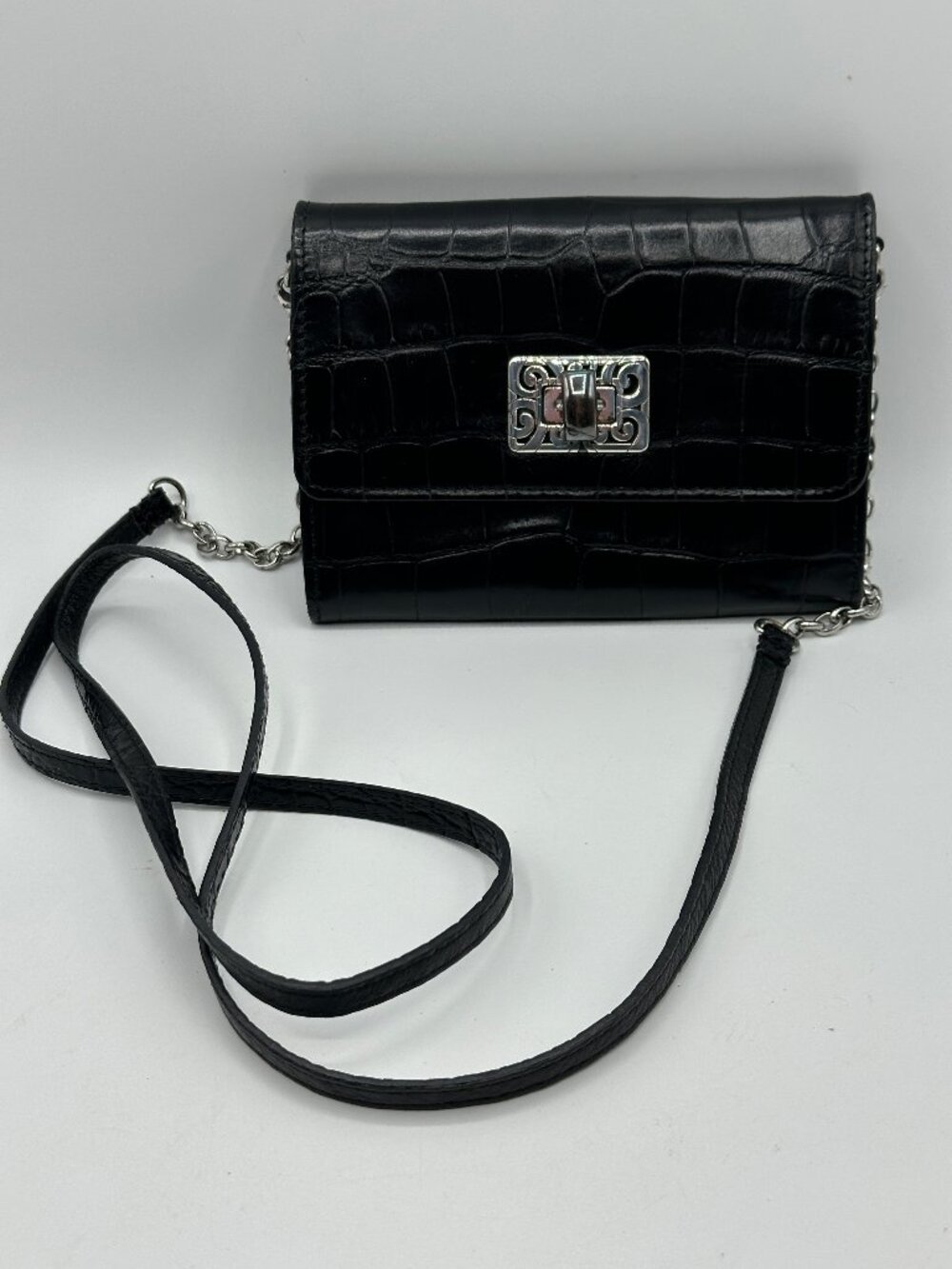 Brighton Croc-Embossed Organizer Wallet Convertible Crossbody in Black Leather
